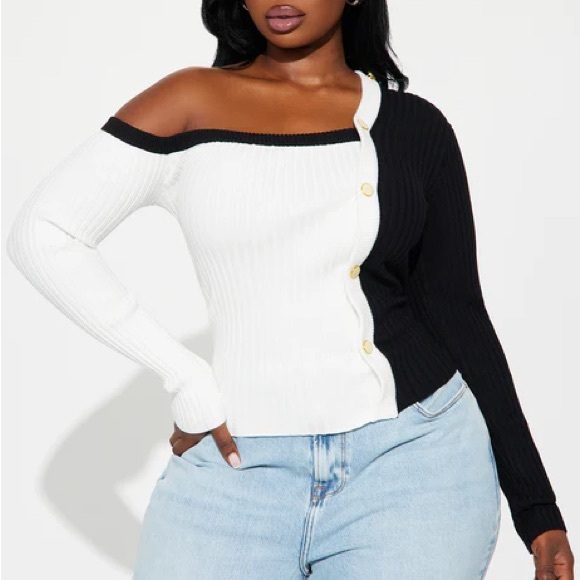 Fashion Nova Black and White Off-the-Shoulder Sweaters - Picture 1 of 2